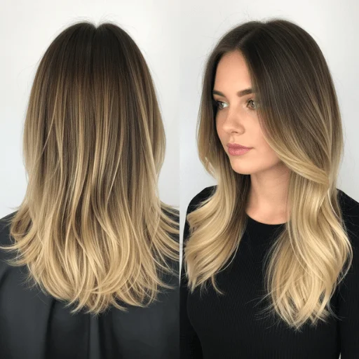 Split screen image comparing balayage vs ombre hair: soft highlights vs. dramatic gradient fade.