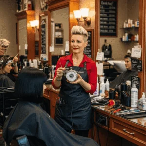Photo of stylist preparing balayage and ombre with visible time and pricing setup in a modern USA salon.