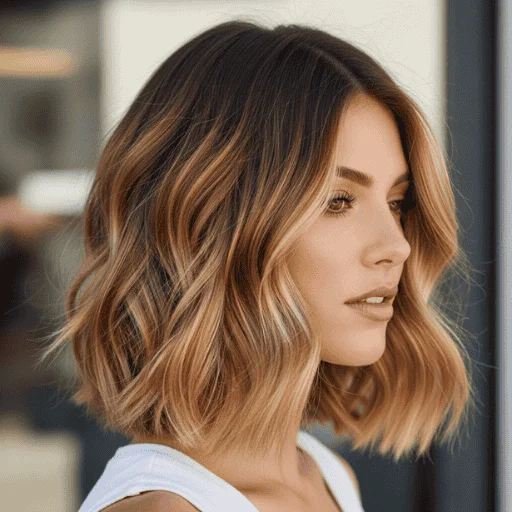 How to Get a Celebrity Bob Haircut: 10 Most Iconic Looks 5 Model with shoulder length bob styled in soft beachy waves, wearing warm toned natural glam makeup.