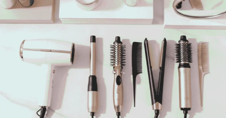 Flat lay of the best hair tools for styling in 2025, including hair dryer, curling wand, and hot brush in a modern, minimal blush pink and white setting, designed for achieving professional salon results at home.