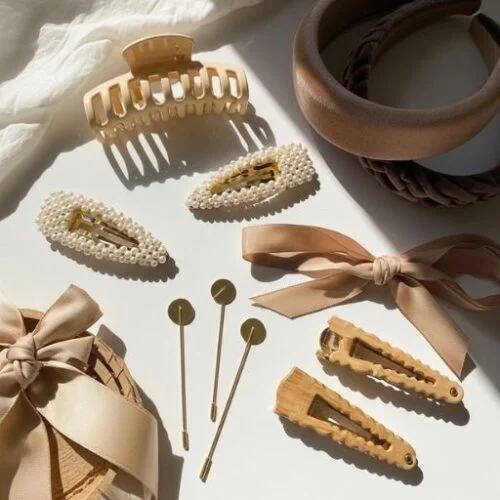 Popular 2025 hair accessories including pearl clips, claw clips, headbands, and ribbons

