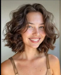 Woman with bob curl hairstyle featuring shoulder length, voluminous curls perfect for 2025 curly hair trends.