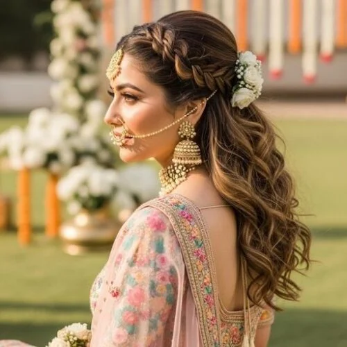 Indian bride in pastel lehenga with braid crown and open waves, styled for mehendi photoshoot