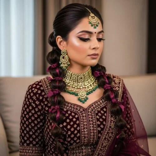 Bride with bubble braids wearing maroon bridal outfit and modern makeup