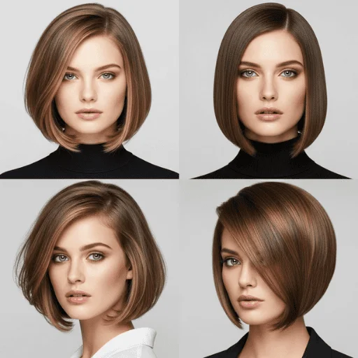 How to Get a Celebrity Bob Haircut: 10 Most Iconic Looks 1 Four women with different face shapes showcasing celebrity bob haircut: layered bob for square face, sleek bob for oval face, lob with volume for round face, and side parted bob for heart shaped face.
