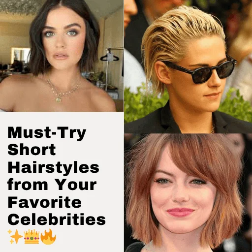 Collage of celebrity short hairstyles trending in 2025, featuring looks like Emma Stone’s textured bob, Charlize Theron’s buzz cut, and Zendaya’s asymmetrical crop.