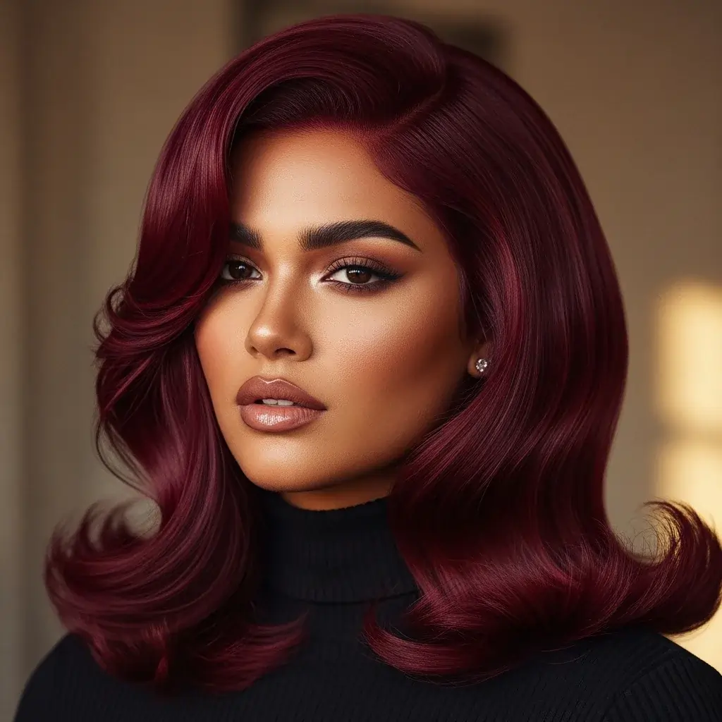 Woman with rich cherry cola red hair styled in Hollywood waves, featuring a deep mahogany base with burgundy tones 2025 hair color trend for fall and winter in the USA.