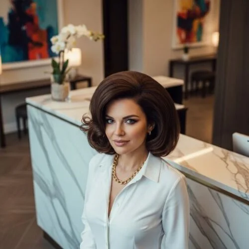 Polished woman with voluminous blowout hairstyle, dressed in business casual, ready for a job interview