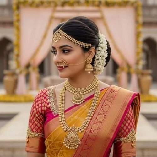 Bride in silk saree with a voluminous French twist and traditional jasmine gajra