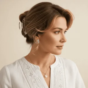 Woman with summer updo secured in a claw clip with face framing hair.