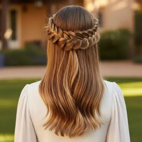 A halo-style crown braid wrapping around the head for an elegant braided updo
