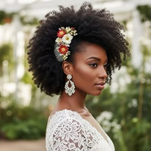 Bride with curly afro styled with flowers, natural textured wedding hair look 2025