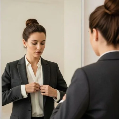 Professional donut style bun worn by woman preparing for job interview