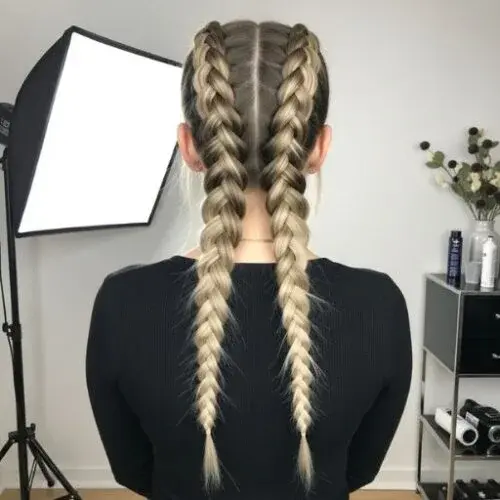 Thick Dutch braids styled with lifted volume, showcasing contrasting balayage
