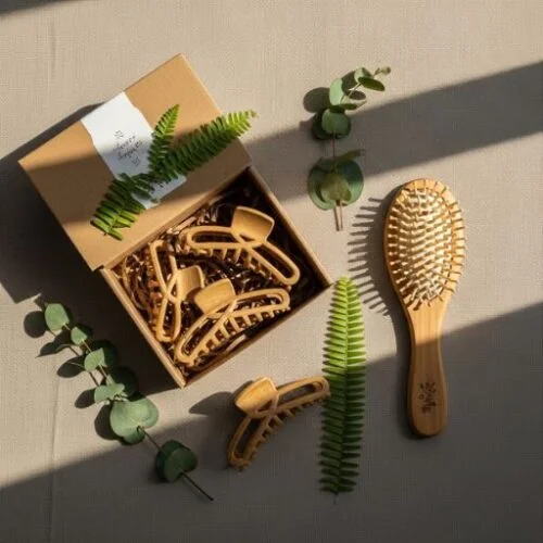  Eco friendly bamboo hair accessories laid on natural fabric alongside sustainable beauty items