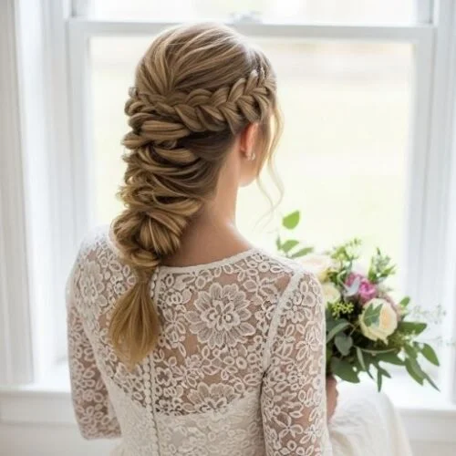  Intricate braided bridal bun with pearl hairpins, bridal hair inspiration 2025