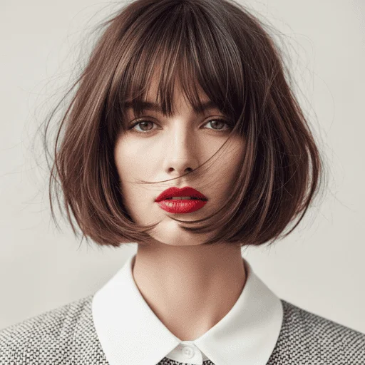 How to Get a Celebrity Bob Haircut: 10 Most Iconic Looks 7 Woman with French style chin length bob and soft bangs, styled naturally with a slightly tousled texture.
