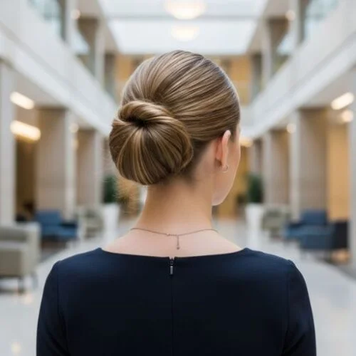 Stylish woman wearing her hair in a French twist updo, standing near a modern office entrance