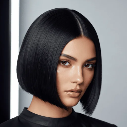 How to Get a Celebrity Bob Haircut: 10 Most Iconic Looks 4 Woman with a sleek, chin length bob styled in the glass hair trend, featuring intense shine and a flawless middle part.