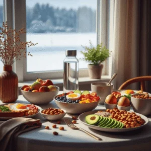 Nutritious food spread and water glass supporting internal hair health in winter.