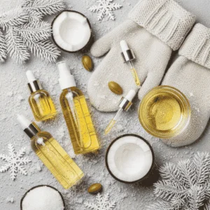 Hydrating winter leave in conditioner and nourishing hair oils themed in cozy flat lay.