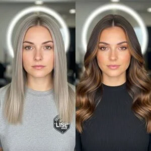 Warm caramel hair color with highlights adds dimension and glow to mature skin
