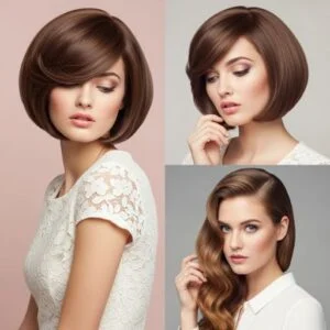 Top hairstyles for heart shaped faces including chin length bobs and side bangs
