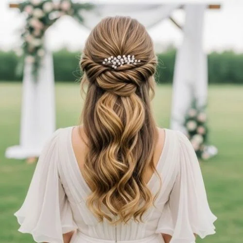 Bride with twisted half-up hairstyle and soft curls, beach wedding hair ideas 2025