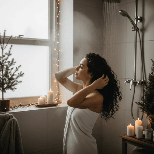Woman air drying hair after a warm shower, avoiding typical hair damaging habits in winter.