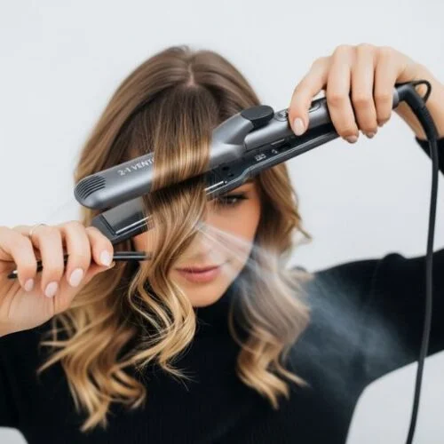 L’Ange Le Duo Styler being used to curl and straighten hair with airflow technology