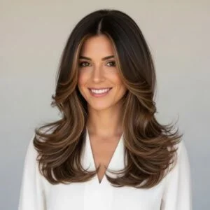 Long brunette hair with blended layers for a youthful hairstyle
