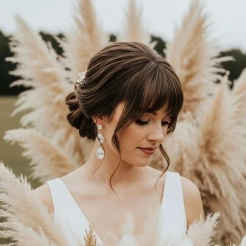 Bride with a soft messy bun and curtain bangs in a modern blush gown, face framing bridal hairstyle