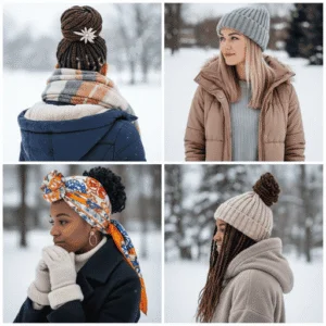 Four diverse protective winter hairstyles designed to reduce damage and retain moisture.