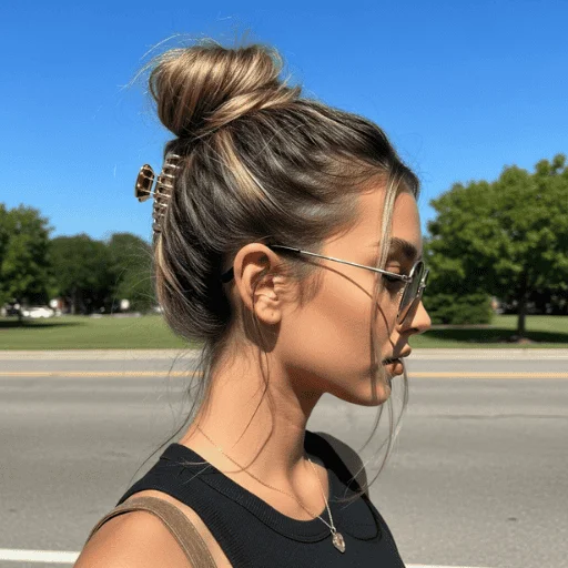 Young woman with a high messy bun and natural makeup styled for hot summer weather.
