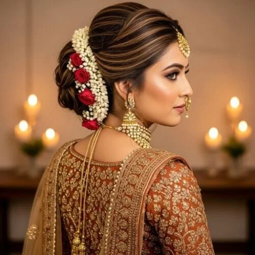  Bride with rustic messy low bun and florals in rustic wedding attire