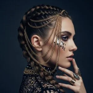 Gold hair chains layered in a thick braid for an edgy, metallic, festival-ready hairstyle
