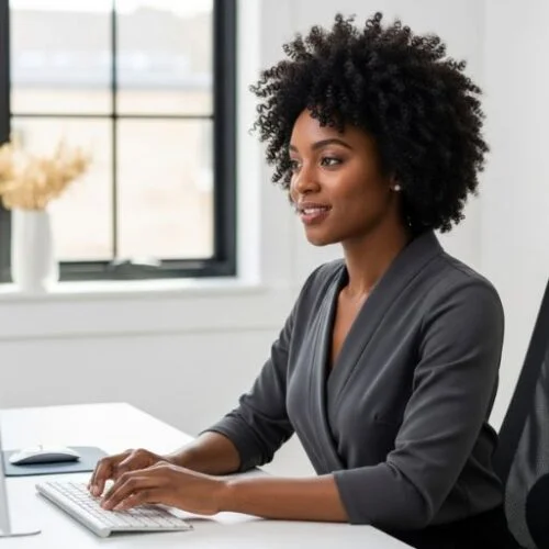 Confident woman with defined curls styled naturally for a polished and professional job interview