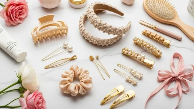 Flat lay of trending hair accessories for 2025 including claw clips, scrunchies, pearl pins, and headbands styled on white marble background