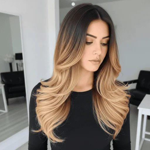 Woman showcasing ombre hair with dark roots fading into blonde ends in a smooth color gradient.