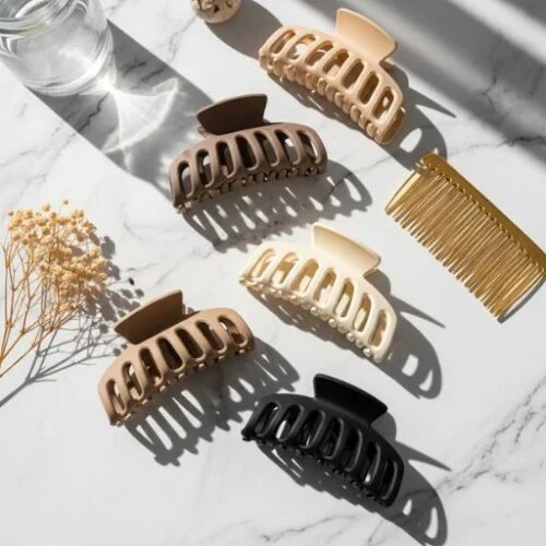 Oversized matte claw hair clips in neutral tones styled on a white marble surface with natural light
