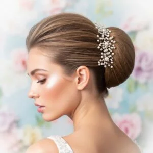  Elegant updo with pearl-encrusted hairpins, perfect for bridal and special occasions
