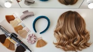 Flat lay of 2025 hair trends featuring stylish woman with soft waves surrounded by modern accessories, tools, and color swatches