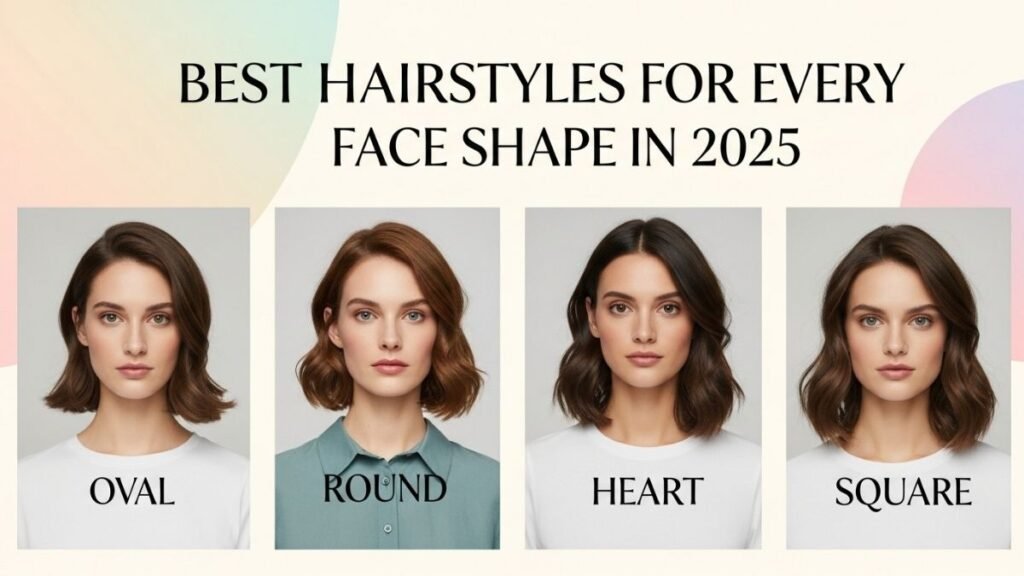 Hairstyle guide for different face shapes in 2025 including round, square, oval, and heart