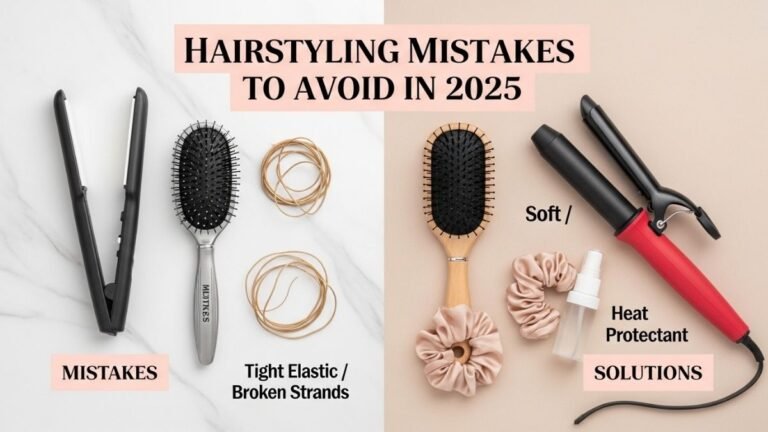 Flat lay image showing hairstyling mistakes and correct tools with overlay text “Hairstyling Mistakes to Avoid in 2025”