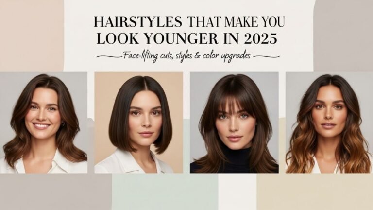 Four women displaying trendy 2025 hairstyles including curtain bangs, long layers, and youthful bobs with text: “Hairstyles That Make You Look Younger in 2025”