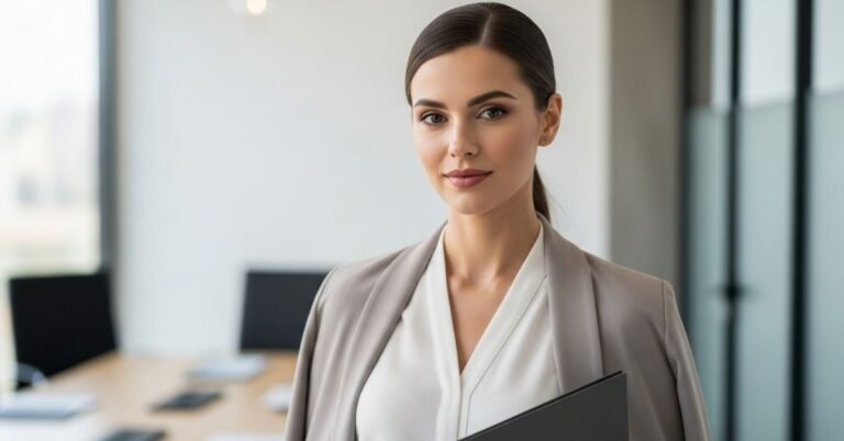Young professional woman in blazer with sleek ponytail, posing in modern office – example of 2025 job interview hairstyle