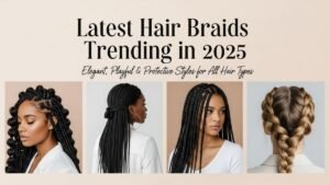 Collage image of four women wearing 2025 trending braid styles including bubble braids, box braids, waterfall braid, and crown braid with blog title overlay