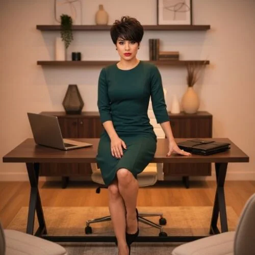 Pixie cut hairstyle with soft volume on confident young woman dressed for job interview
