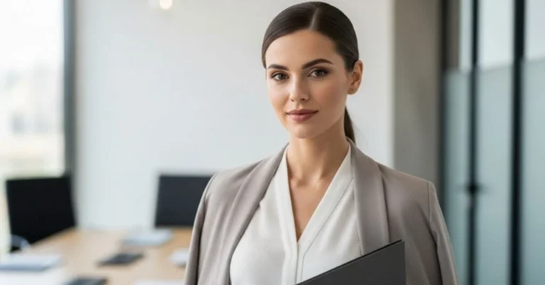 Young lady in professional hairstyles for job interview with sleek ponytail, posing in modern office.