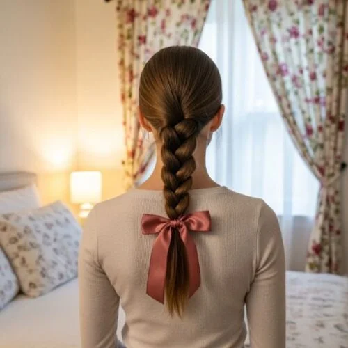 Satin ribbon tied into a braid, styled with romantic soft lighting and feminine decor
